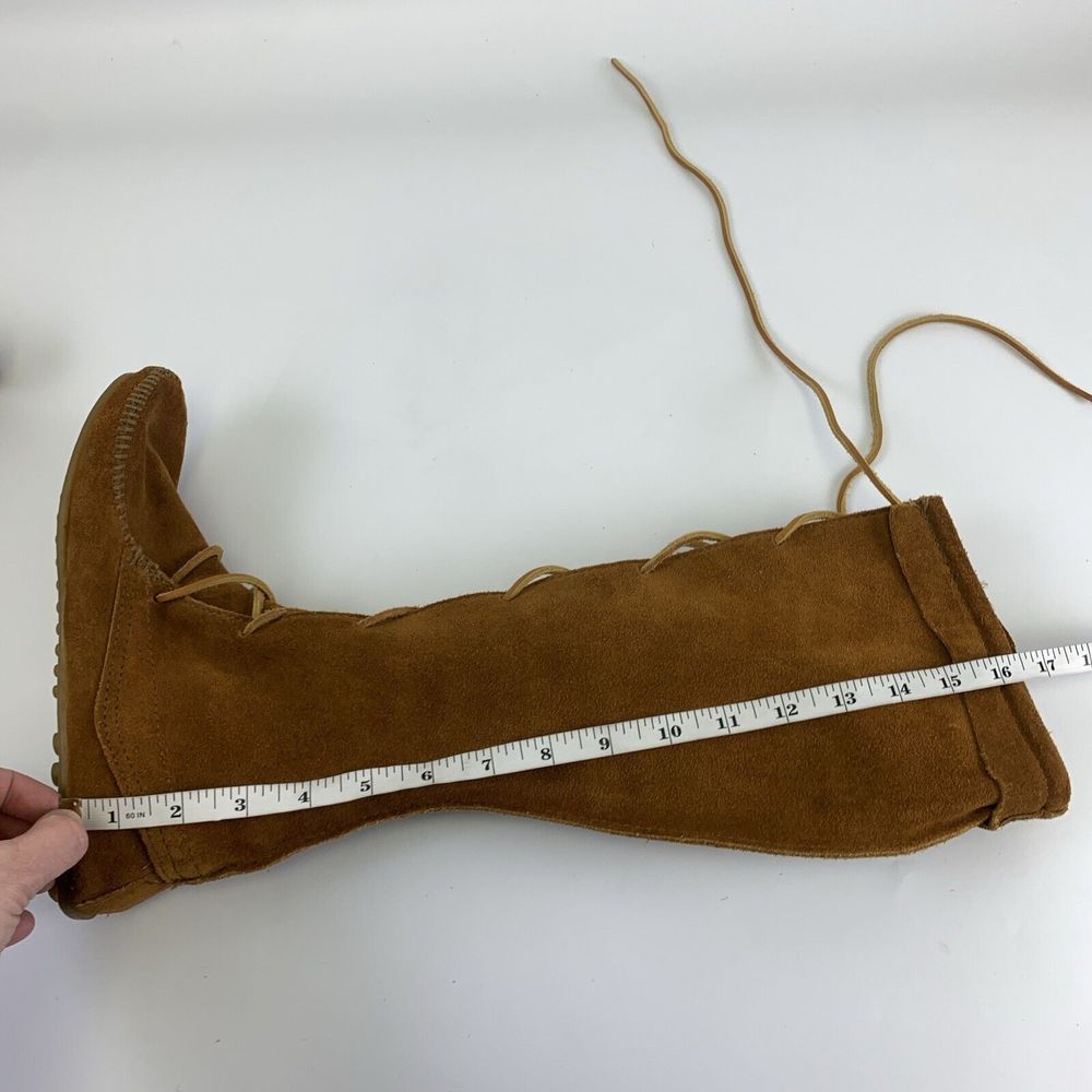 Minnetonka Tan Suede Front Lace Up Tall Boots Tan Fringe Removed 7422 Womens 7 - Picture 13 of 14